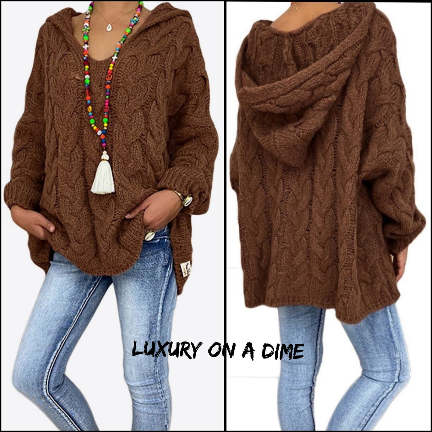 Chunky Cable-Knit Oversized Hoodie Long Sleeve Fall Winter Pullover Sweater