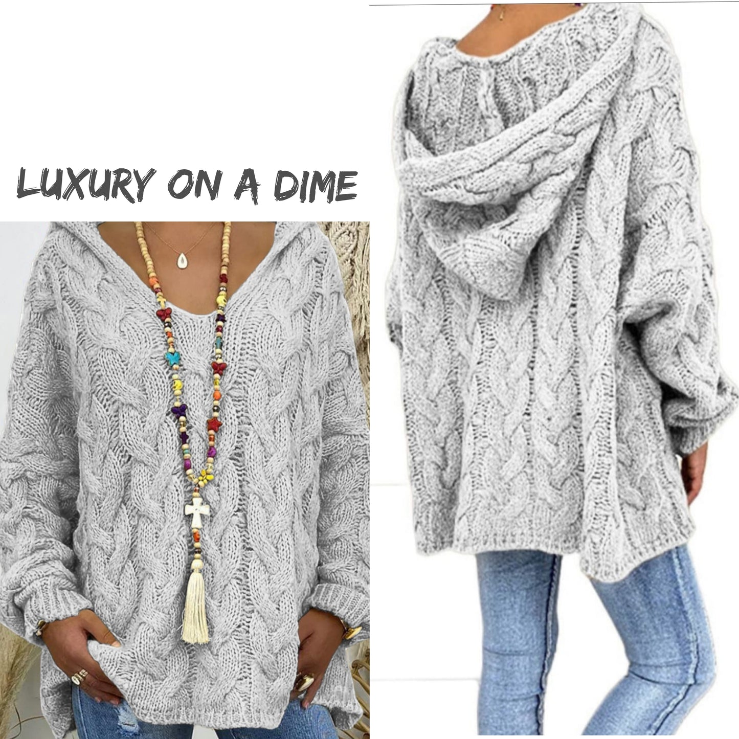 Chunky Cable-Knit Oversized Hoodie Long Sleeve Fall Winter Pullover Sweater