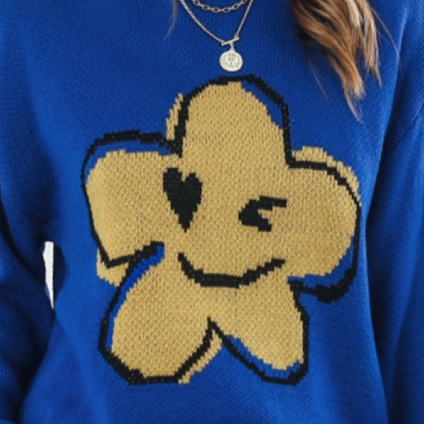 Smiley Face Abstract Flower Bold Color Knit Pullover Long Sleeve Sweater Shirt