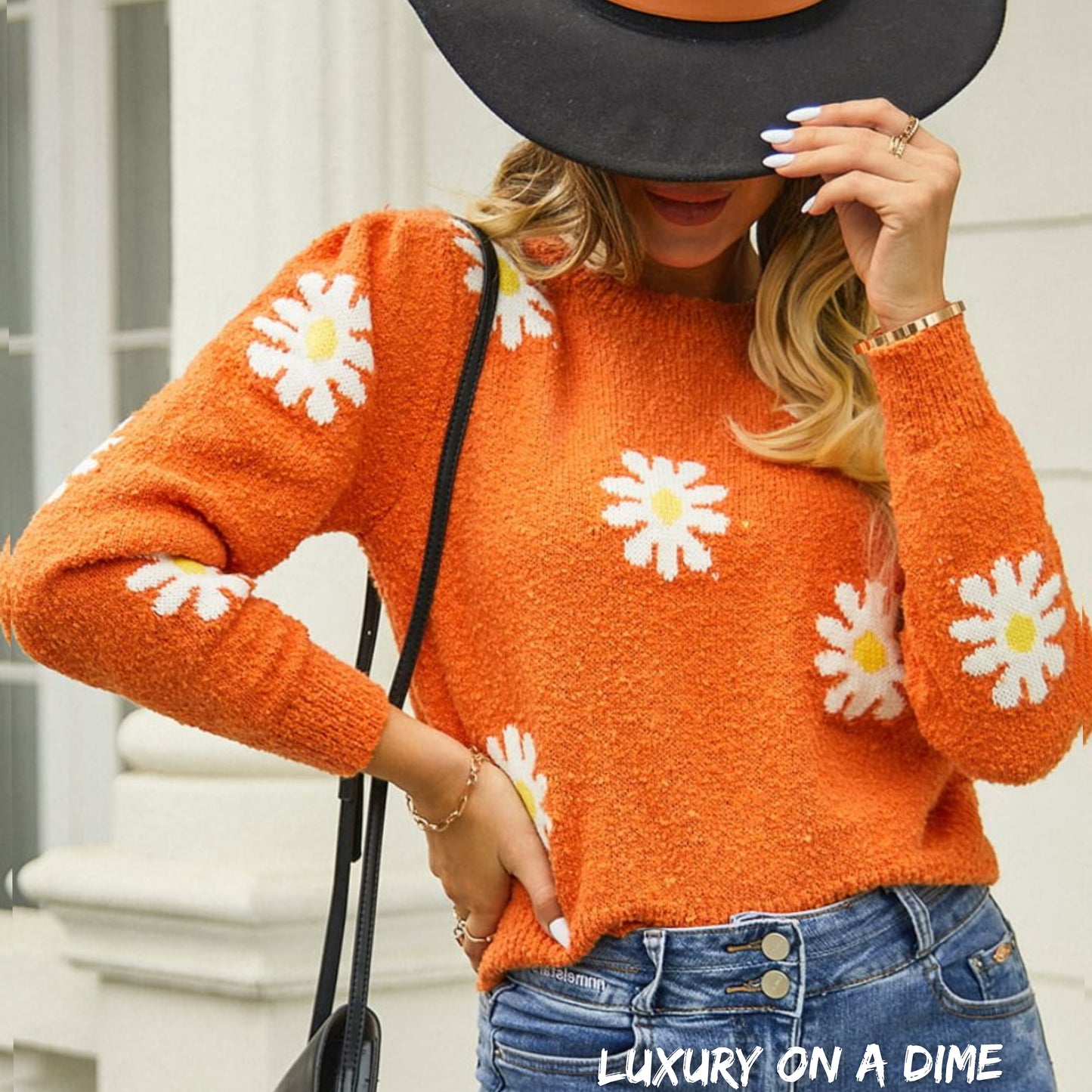 Retro Daisy Soft Knit Flower Long Sleeve Pullover Sweater Shirt