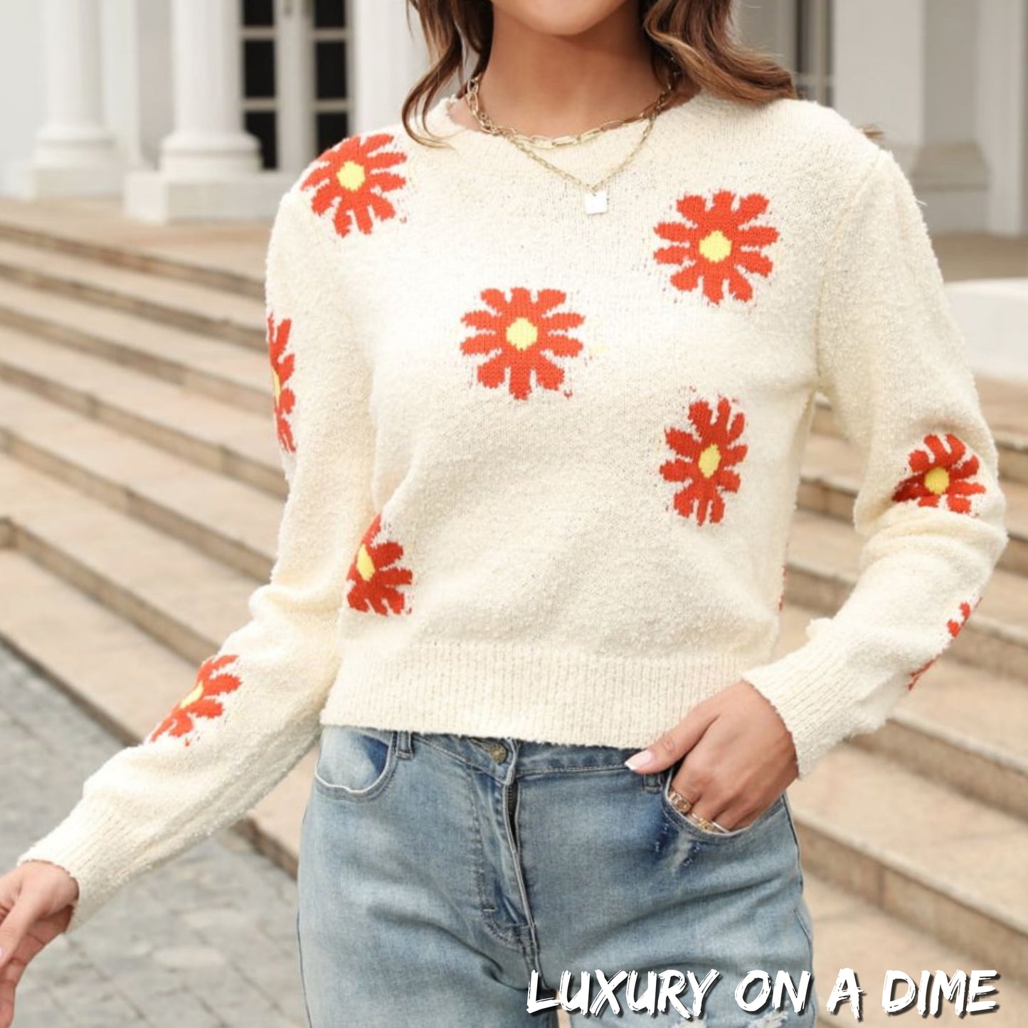 Retro Daisy Soft Knit Flower Long Sleeve Pullover Sweater Shirt