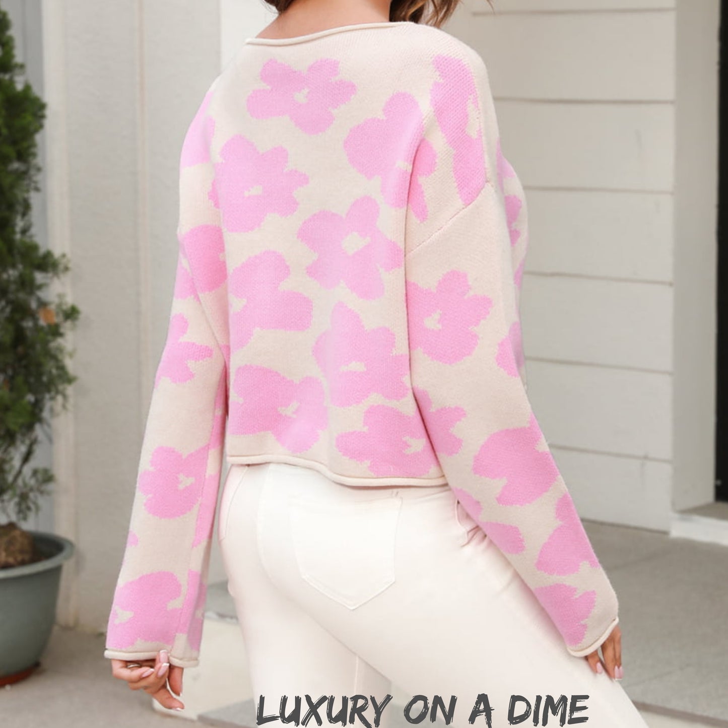 Retro Daisy Knit Flower Long Sleeve Slight Crop Pullover Sweater Shirt