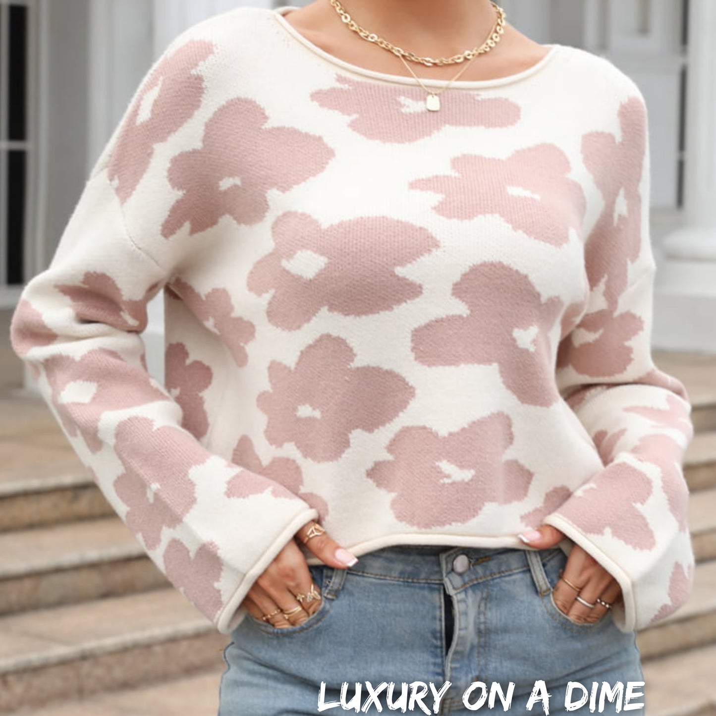 Retro Daisy Knit Flower Long Sleeve Slight Crop Pullover Sweater Shirt
