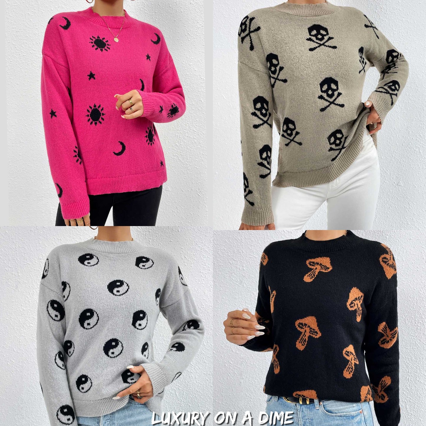 Unique Print Knit Pullover Celestial Mushroom Skull Yin Yang Sweater Shirt