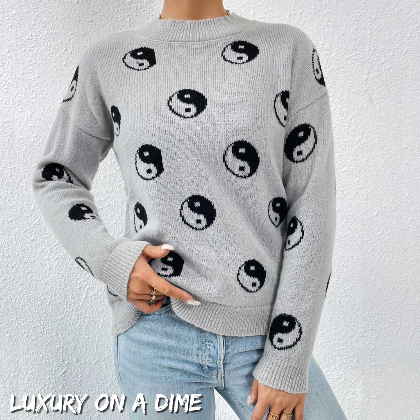 Unique Print Knit Pullover Celestial Mushroom Skull Yin Yang Sweater Shirt