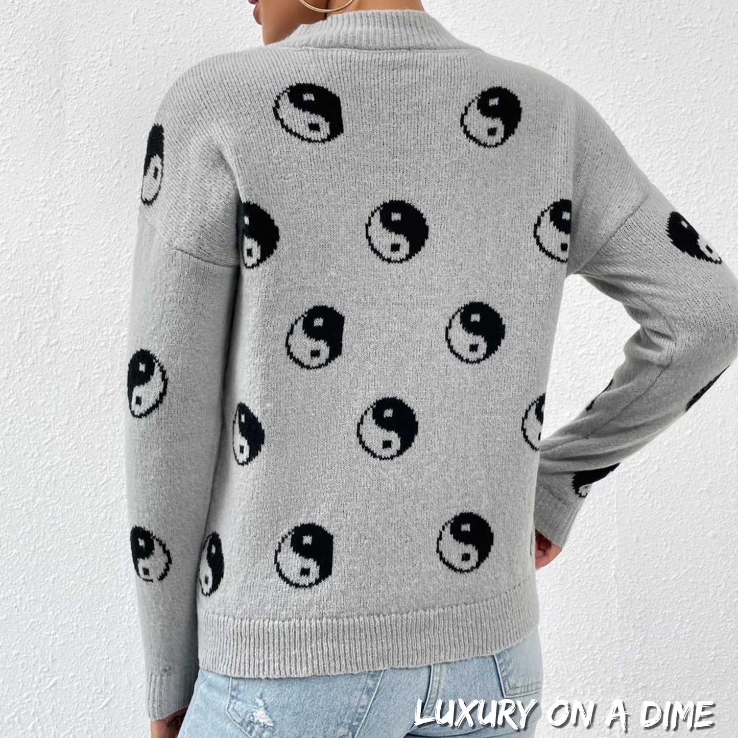 Unique Print Knit Pullover Celestial Mushroom Skull Yin Yang Sweater Shirt