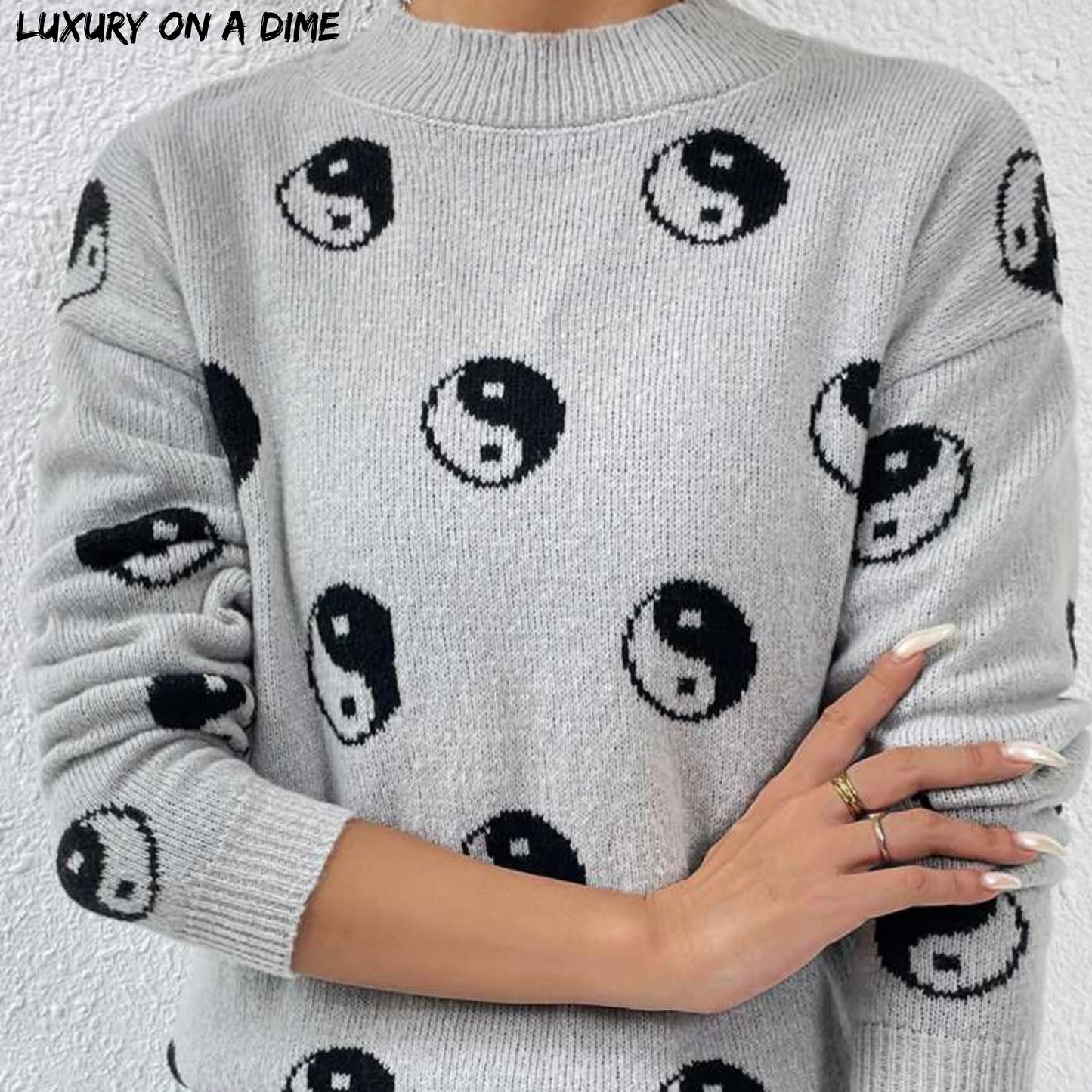 Unique Print Knit Pullover Celestial Mushroom Skull Yin Yang Sweater Shirt