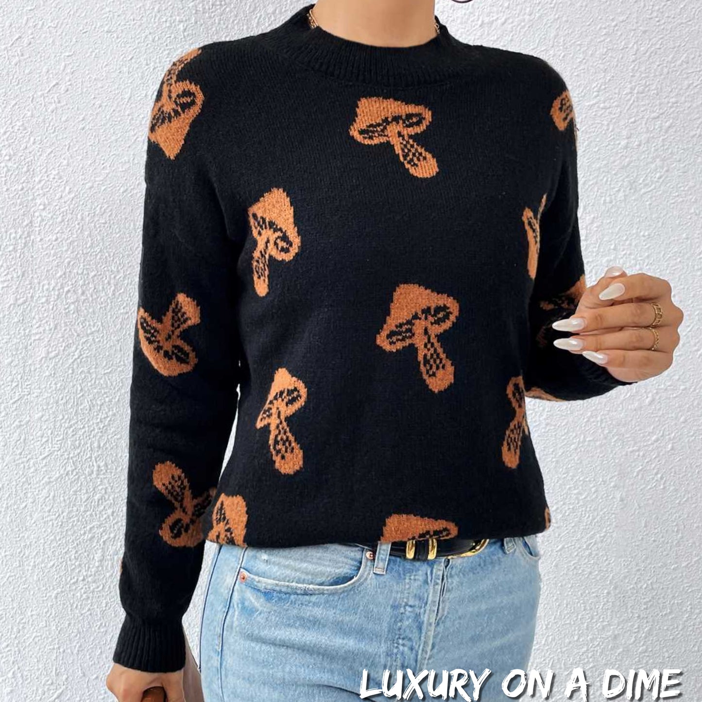 Unique Print Knit Pullover Celestial Mushroom Skull Yin Yang Sweater Shirt