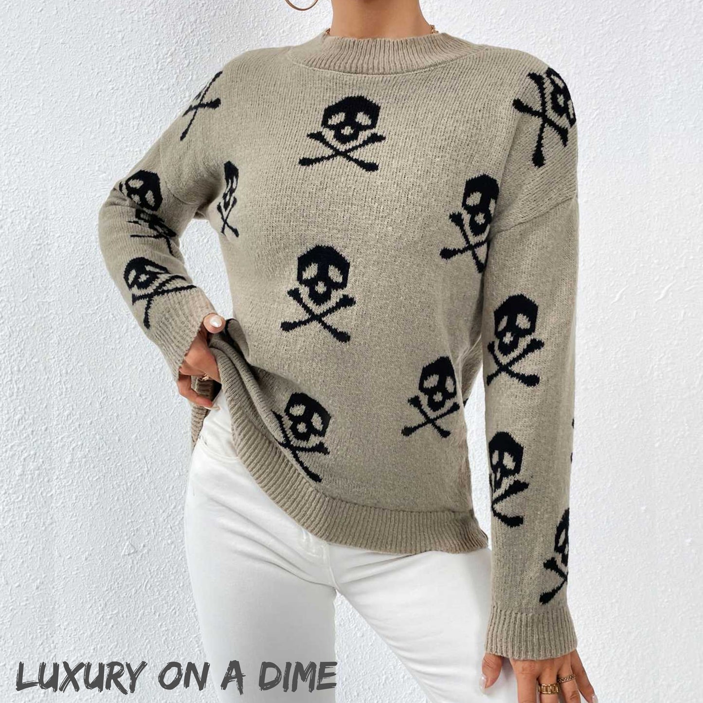 Unique Print Knit Pullover Celestial Mushroom Skull Yin Yang Sweater Shirt