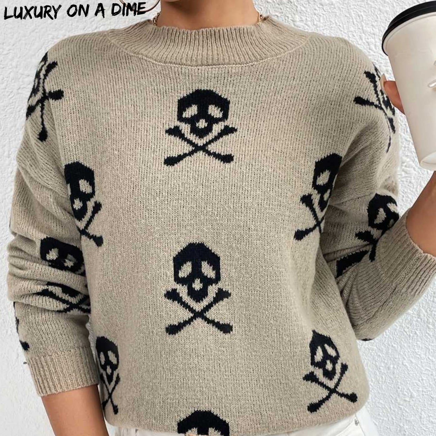 Unique Print Knit Pullover Celestial Mushroom Skull Yin Yang Sweater Shirt