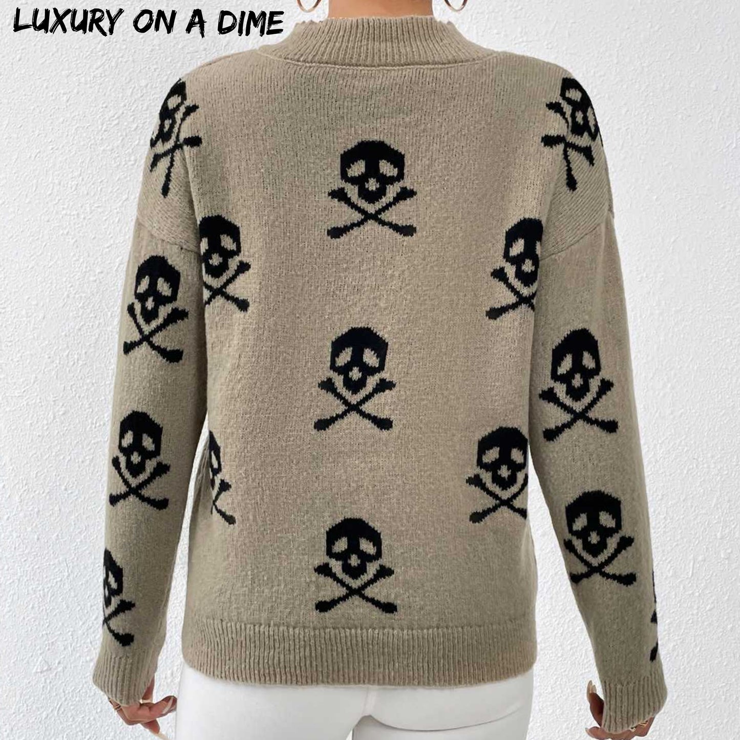 Unique Print Knit Pullover Celestial Mushroom Skull Yin Yang Sweater Shirt