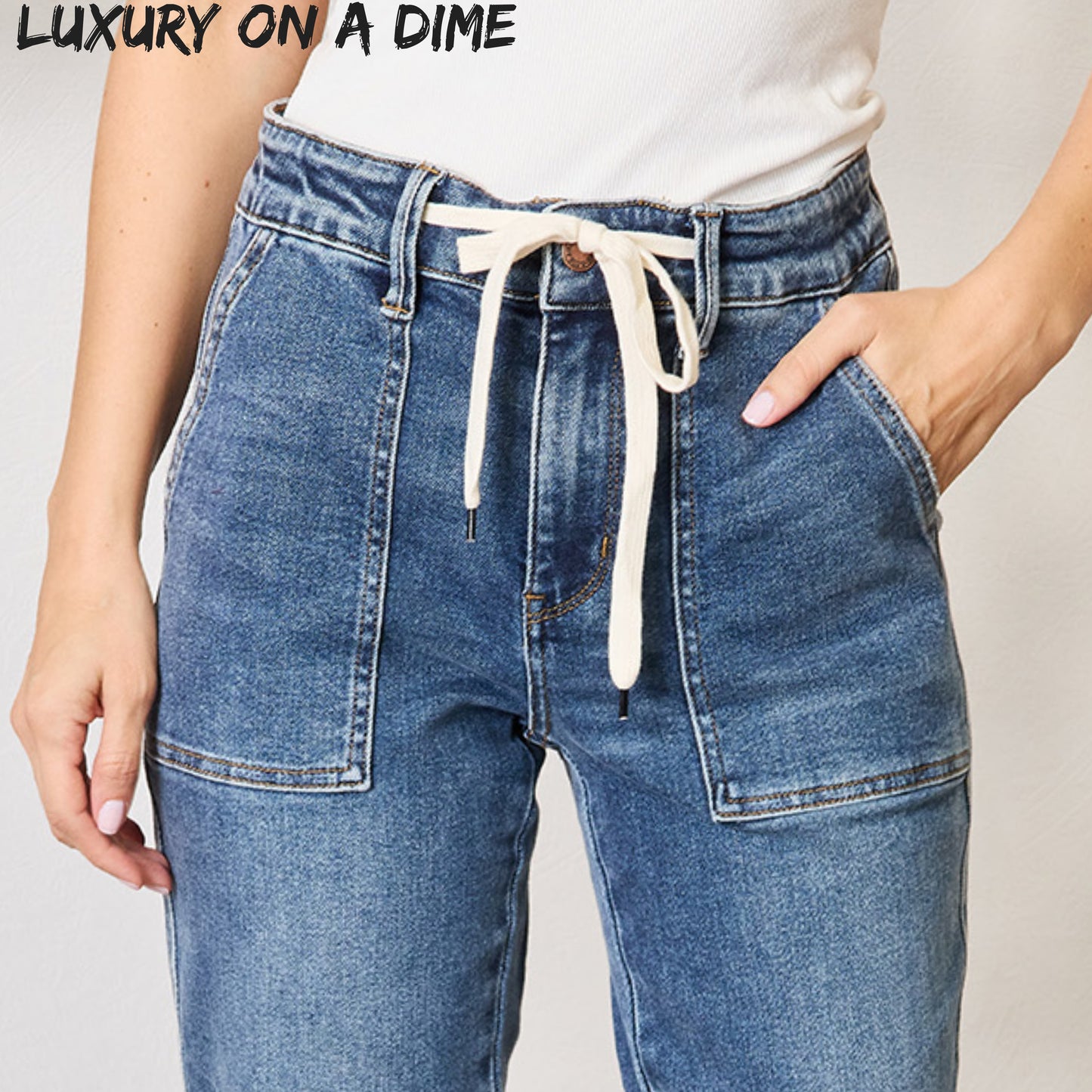High Waist Drawstring Mom Jeans Straight Leg Judy Blue Denim Pants Special Edition