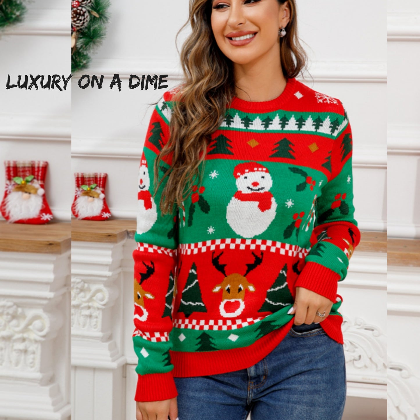 Snowman Reindeer Bold Colorful Knit Round Neck Christmas Holiday Winter Sweater