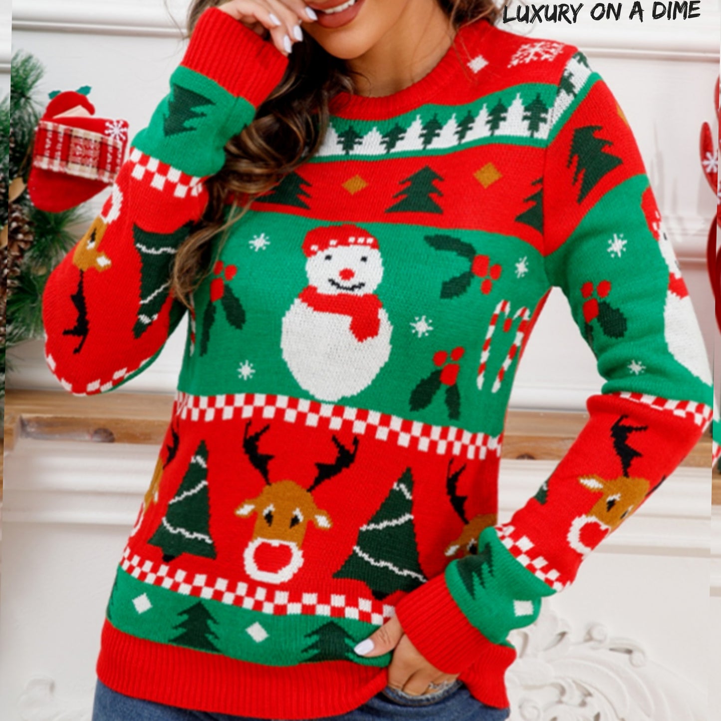 Snowman Reindeer Bold Colorful Knit Round Neck Christmas Holiday Winter Sweater