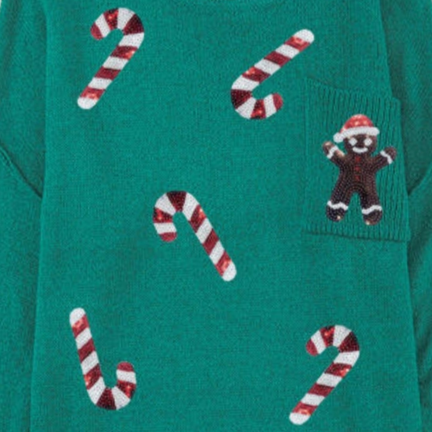 Sequin Candy Cane Gingerbread Man Knit Boat Neck Holiday Oversized Sweater