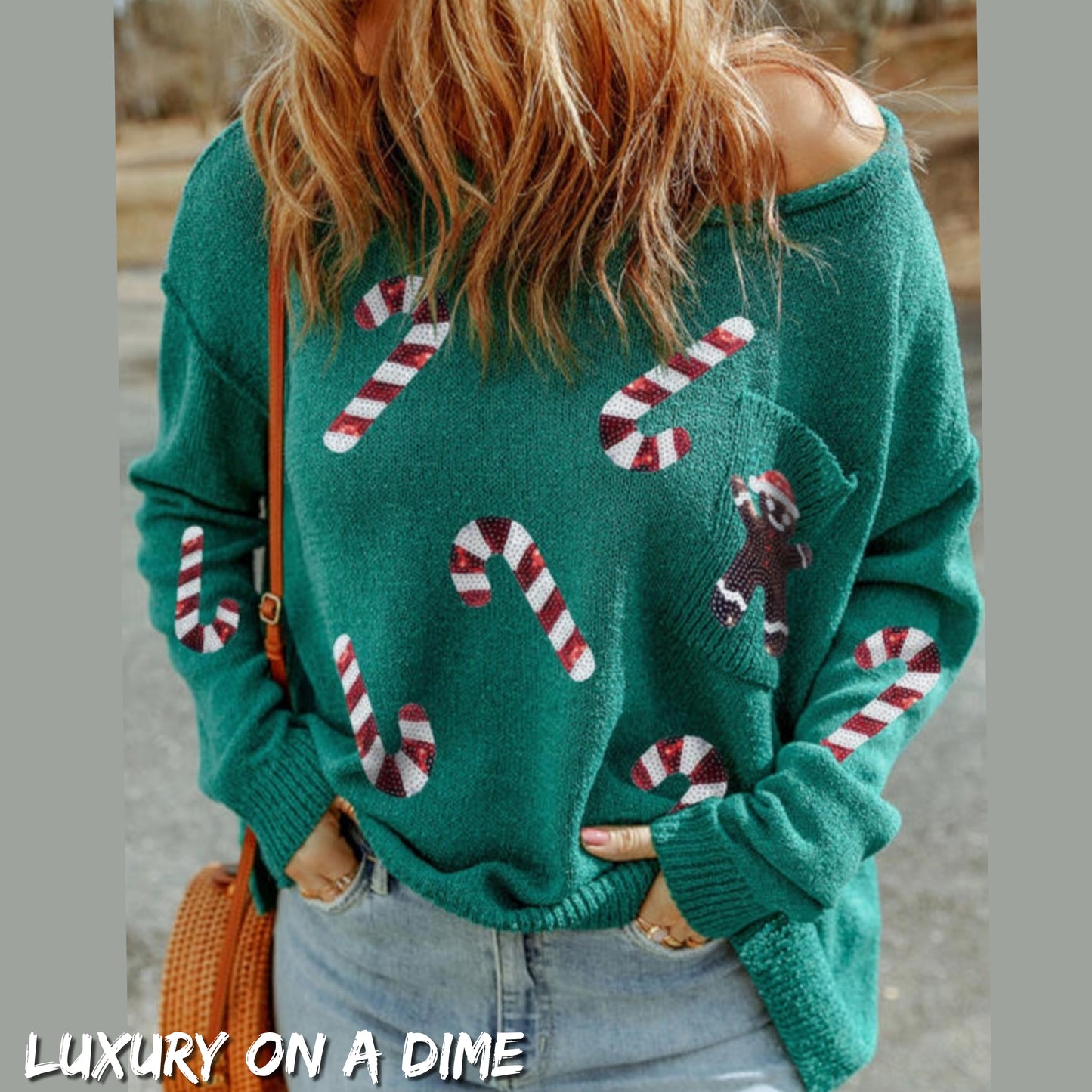 Sequin Candy Cane Gingerbread Man Knit Boat Neck Holiday Oversized Sweater