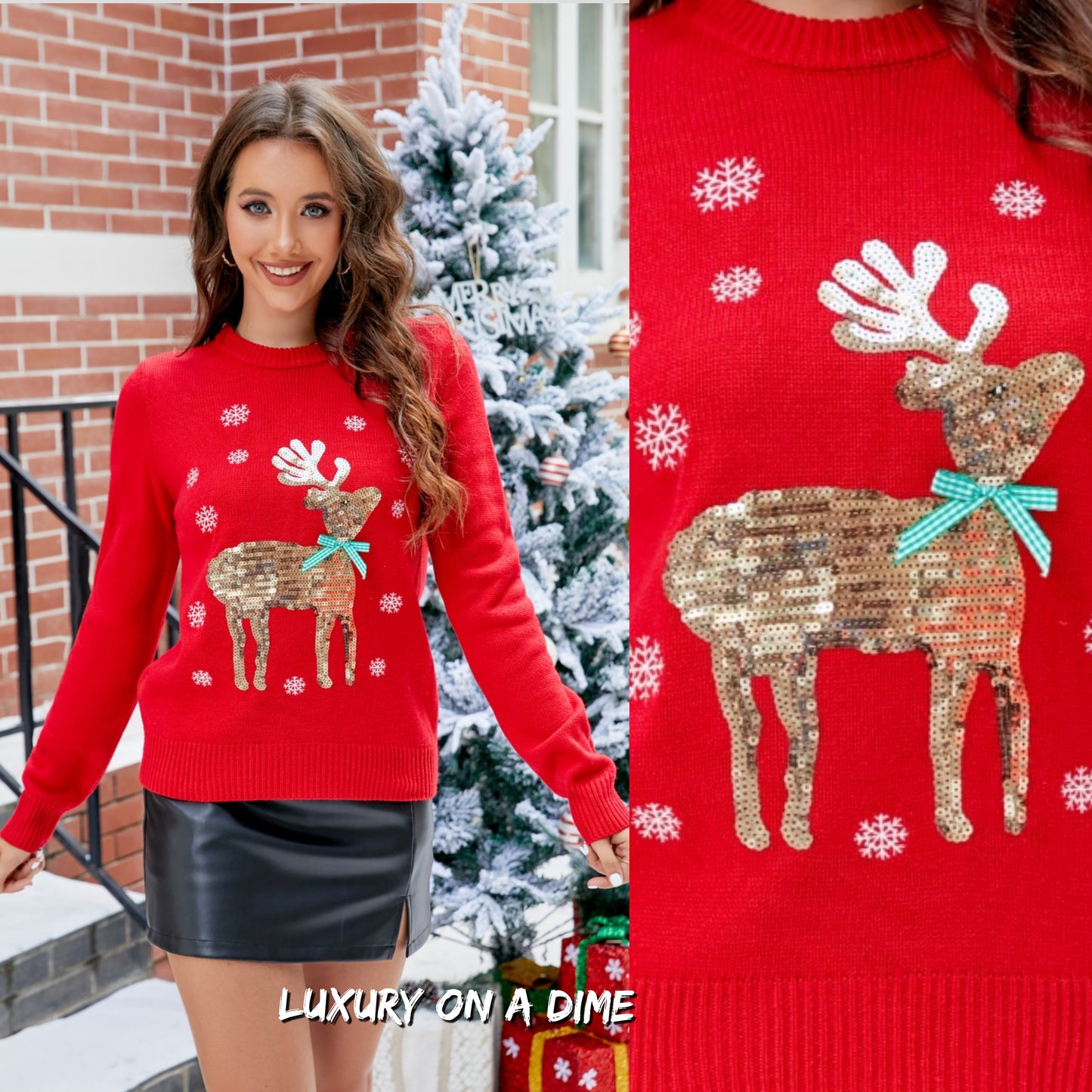 Sequin Reindeer Gingerbread Knit Round Neck Classy Holiday Sweater Top