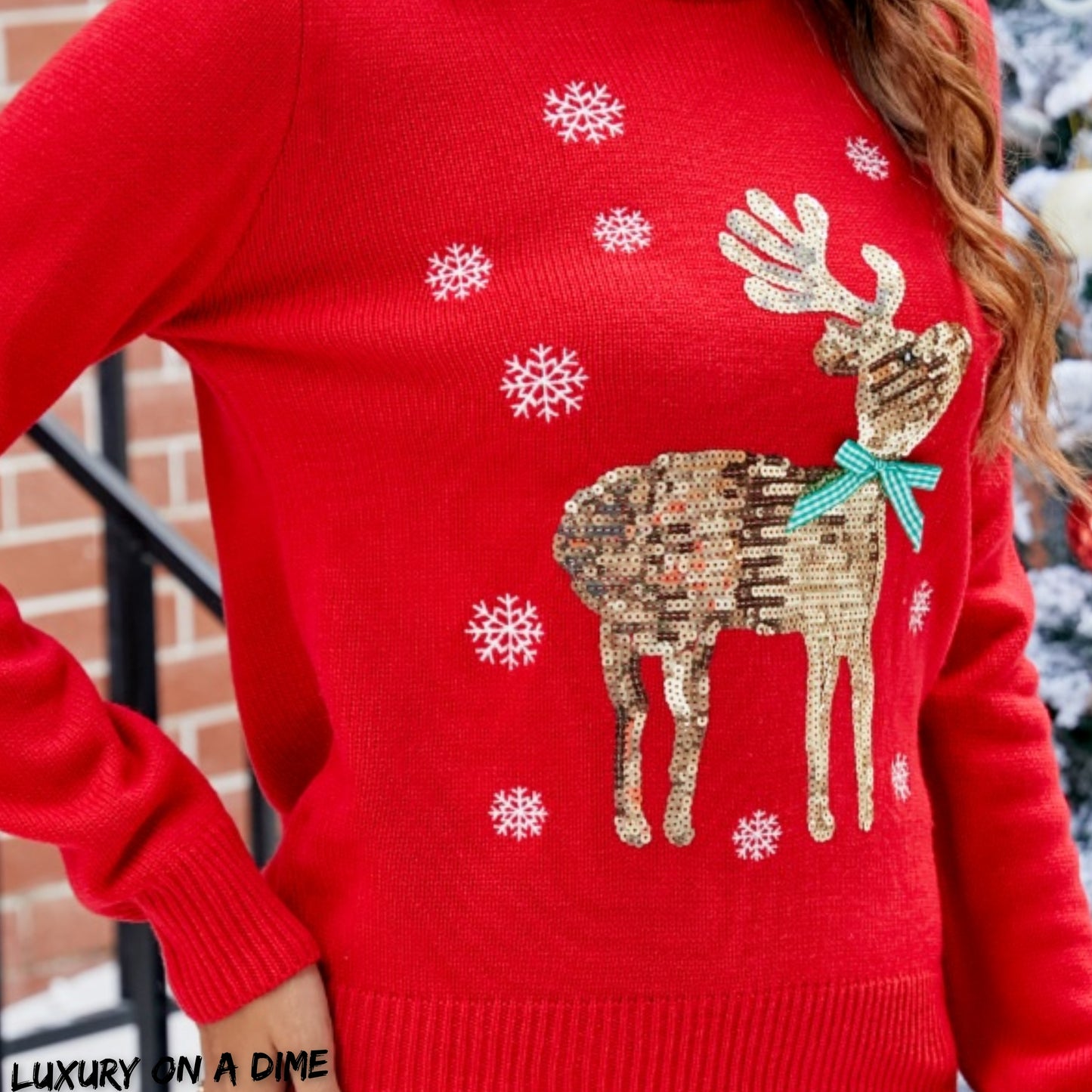 Sequin Reindeer Gingerbread Knit Round Neck Classy Holiday Sweater Top