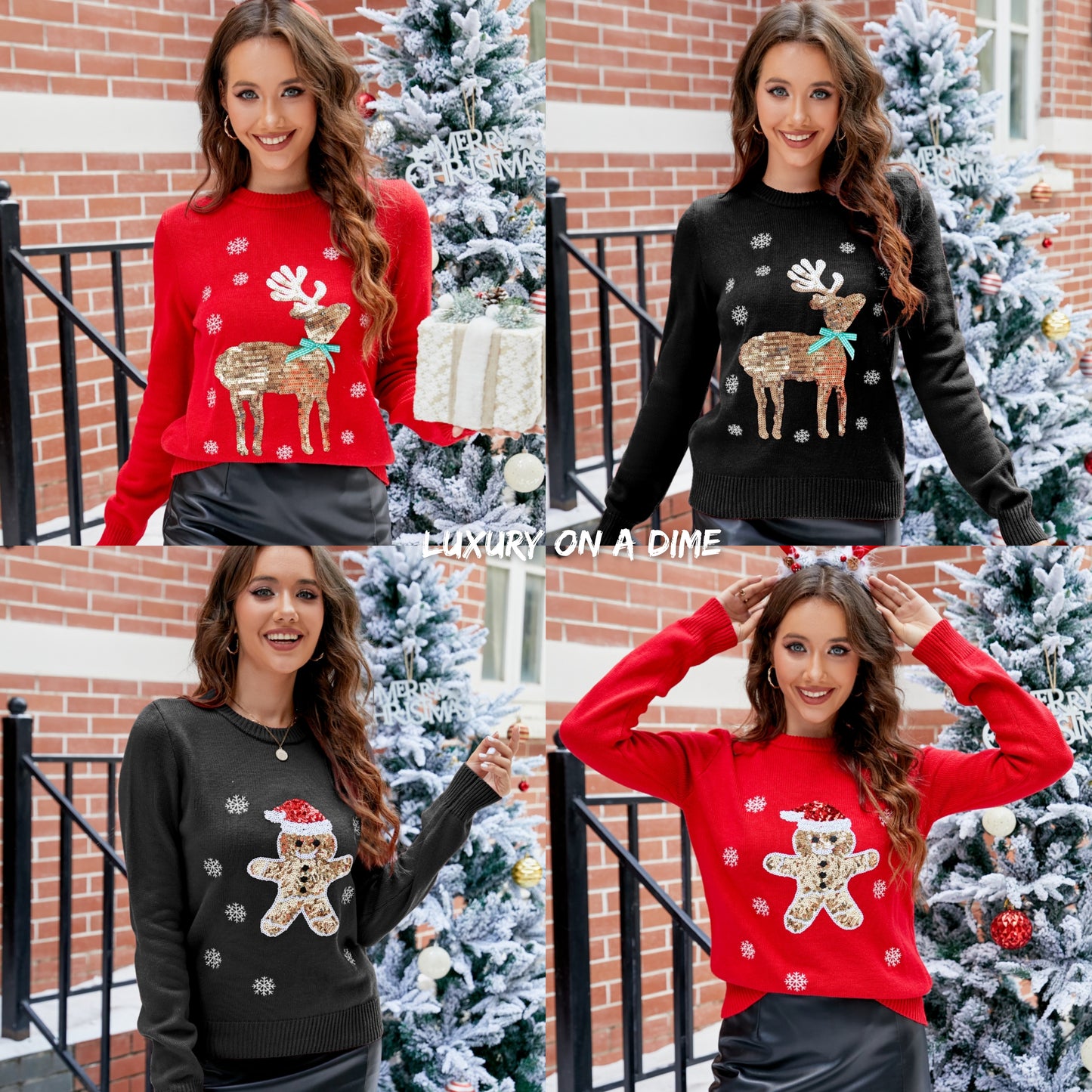 Sequin Reindeer Gingerbread Knit Round Neck Classy Holiday Sweater Top