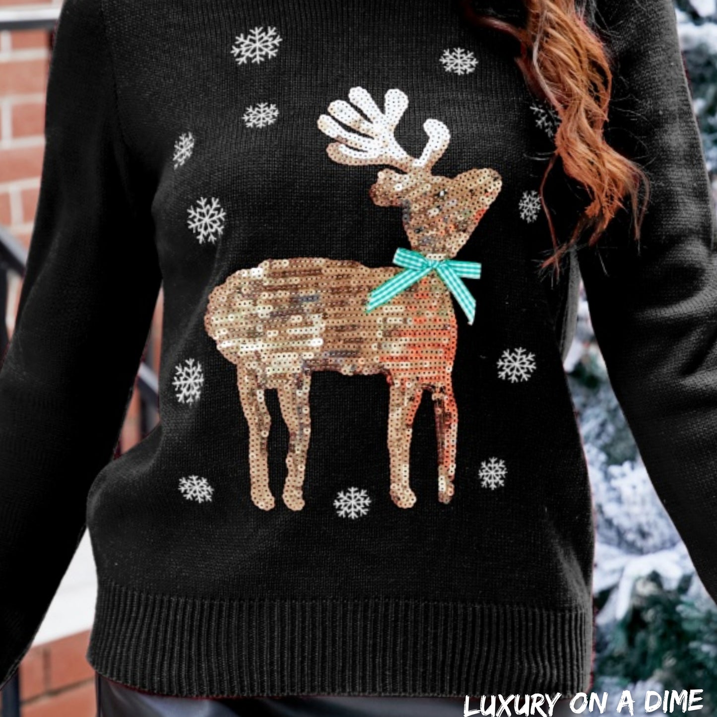 Sequin Reindeer Gingerbread Knit Round Neck Classy Holiday Sweater Top