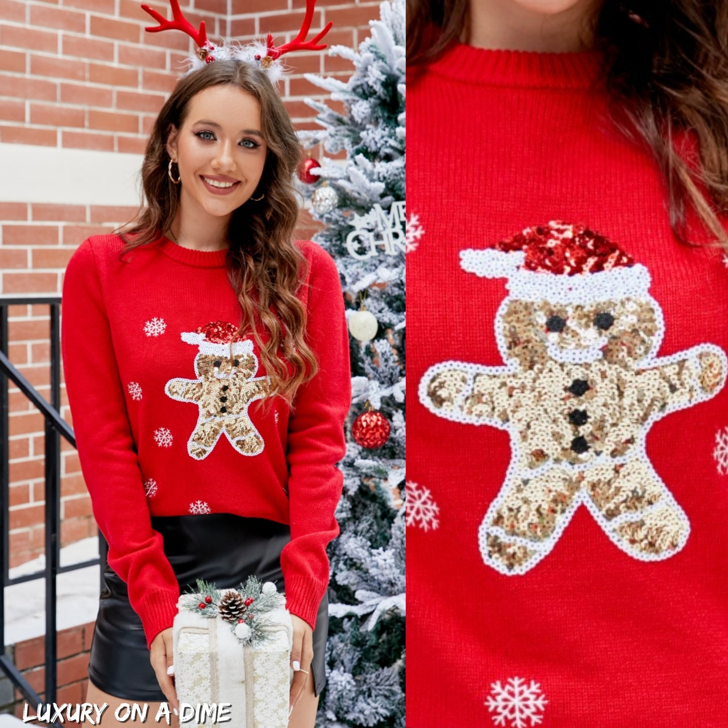 Sequin Reindeer Gingerbread Knit Round Neck Classy Holiday Sweater Top