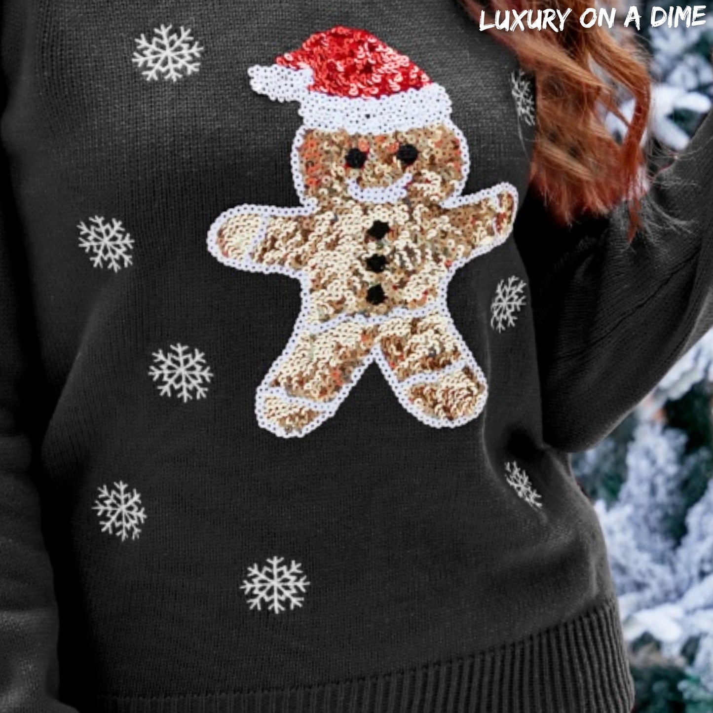 Sequin Reindeer Gingerbread Knit Round Neck Classy Holiday Sweater Top