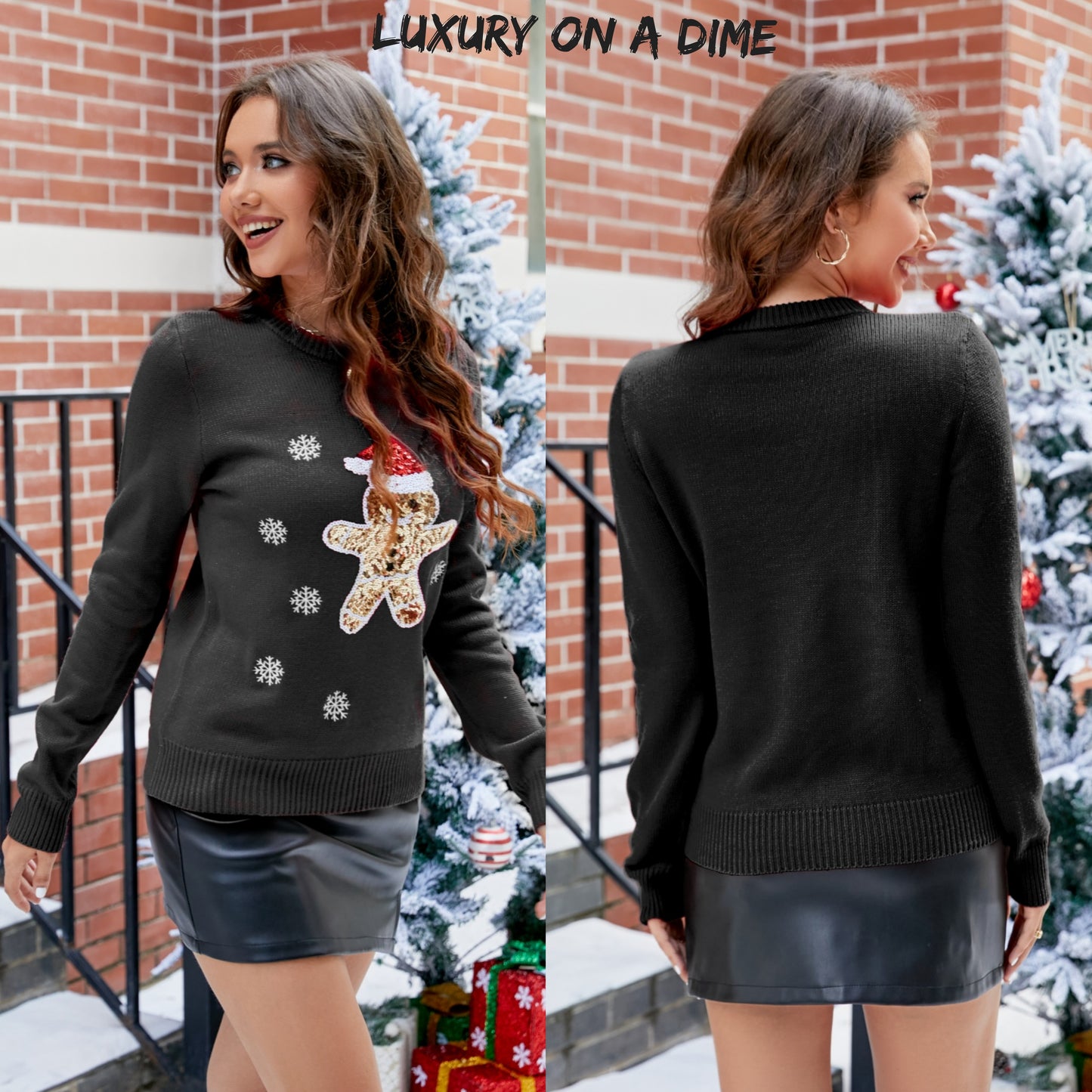 Sequin Reindeer Gingerbread Knit Round Neck Classy Holiday Sweater Top