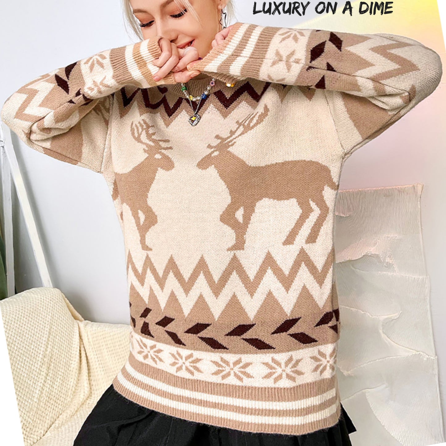 Geometric Reindeer Fair Isle Knit Round Neck Classy Holiday Sweater Top