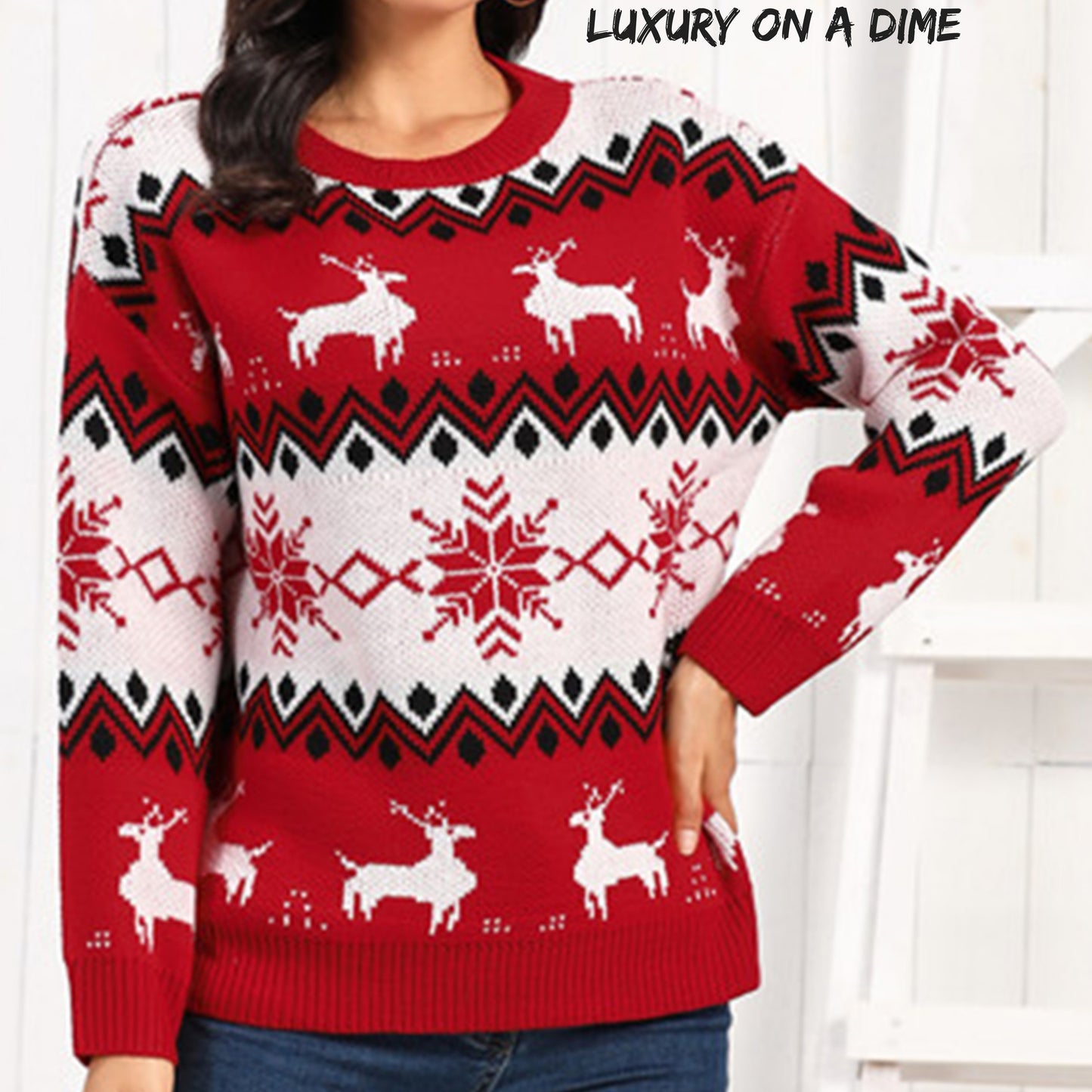 Snowflake Reindeer Fair Isle Knit Round Neck Classy Holiday Sweater Minimalist