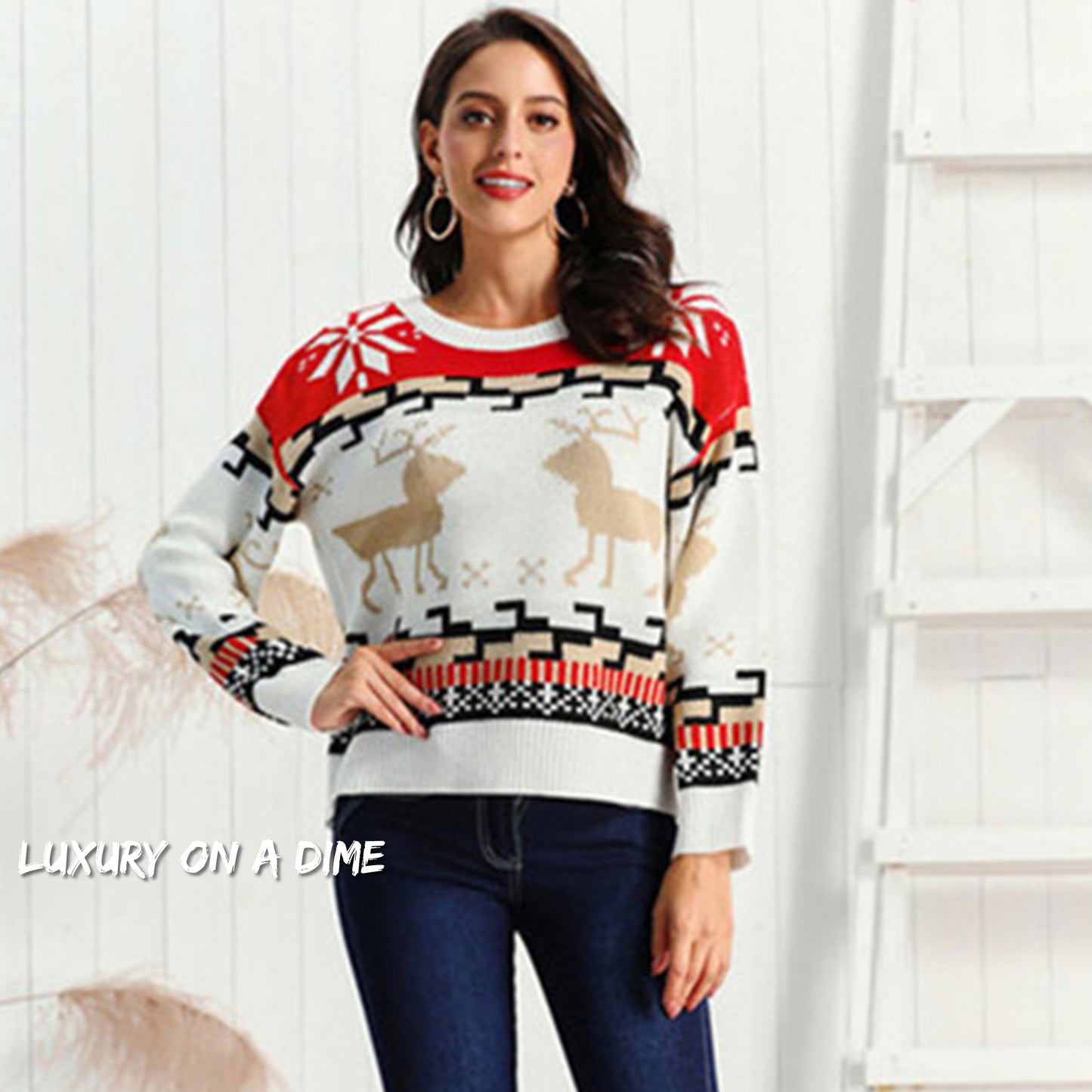 Geometric Reindeer Snowflake Knit Round Neck Classic Holiday Sweater Minimalist