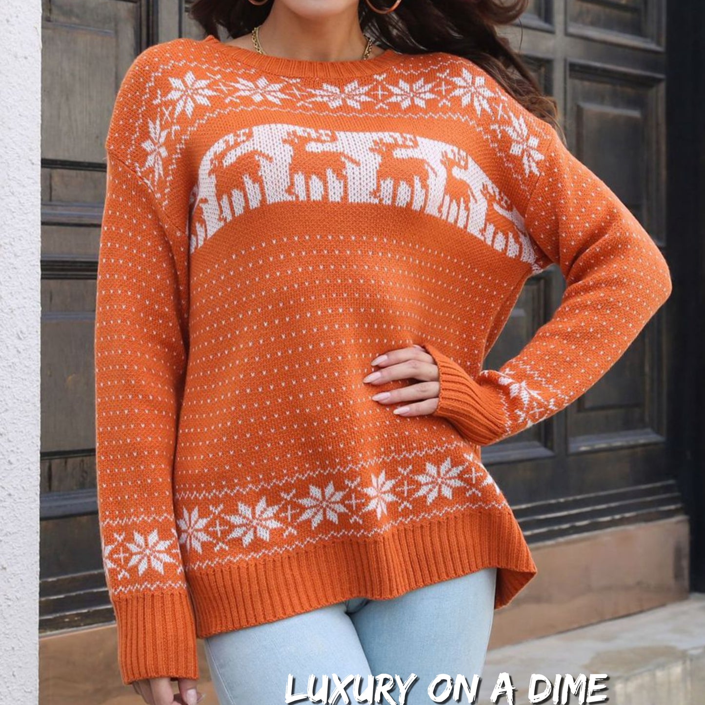 Reindeer & Snowflake Pattern Dropped Shoulder Pullover Sweater