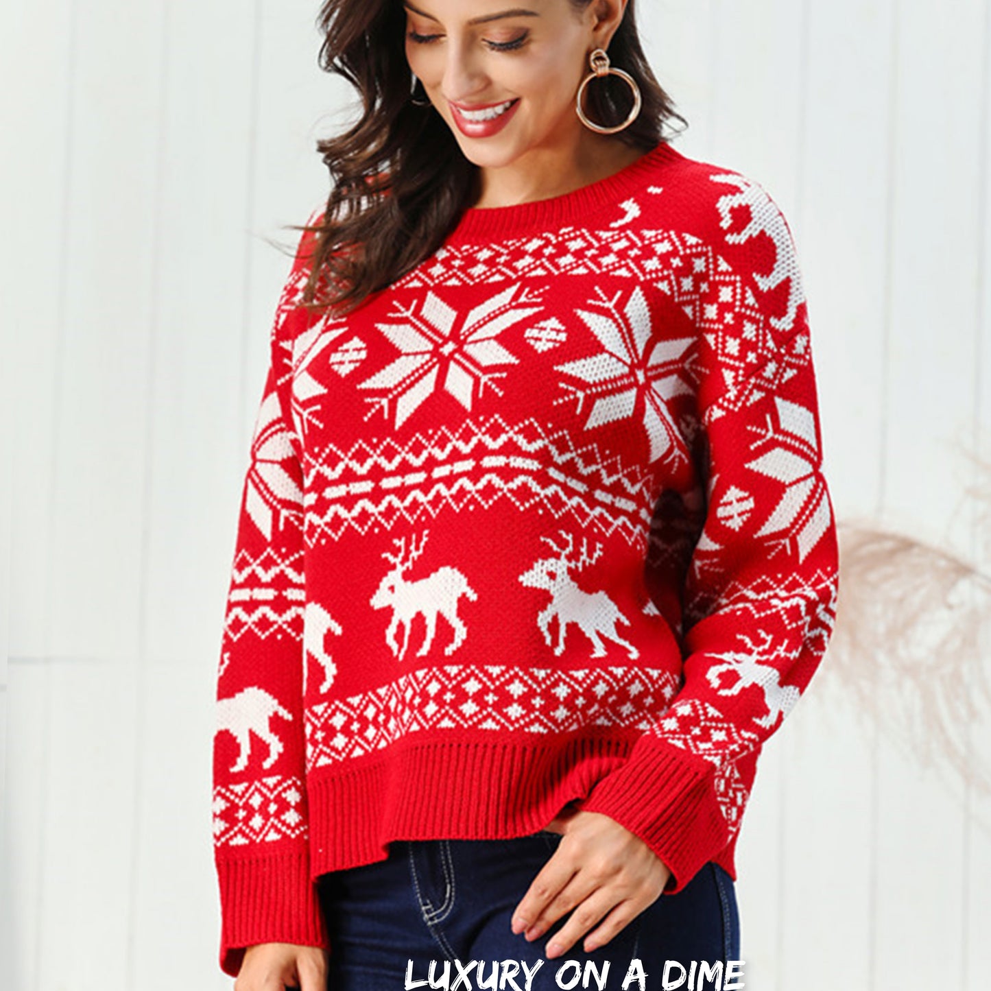 Fair Isle Snowflake Reindeer Knit Round Neck Classic Holiday Minimalist Sweater