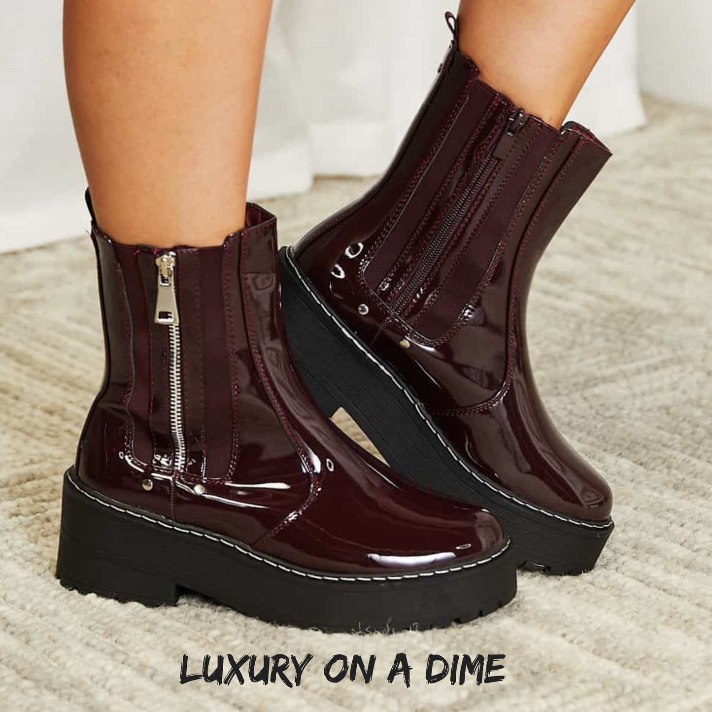 Platform Boots Side Zip Vegan Patent Leather Round Toe Shoes Forever Link