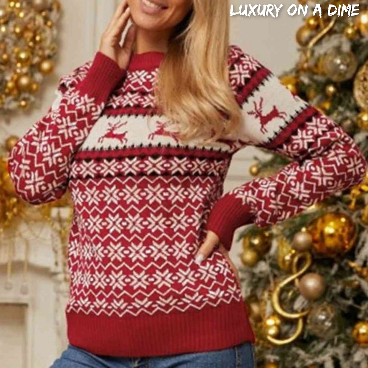 Red Fair Isle Snowflake Reindeer Knit Round Neck Minimalist Classic Sweater