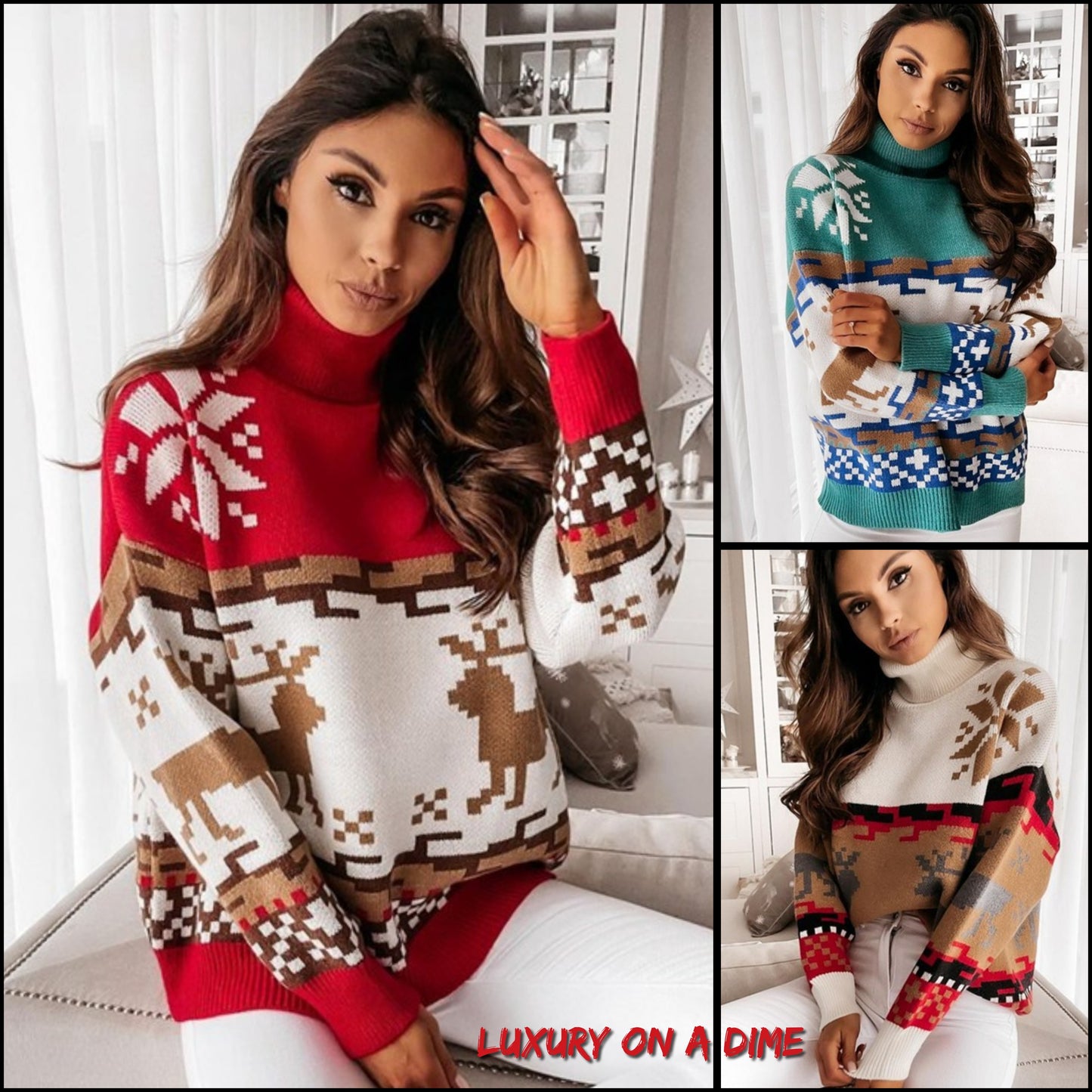 Knit Fair Isle Reindeer Snowflake Turtleneck Bold Geometric Classic Sweater