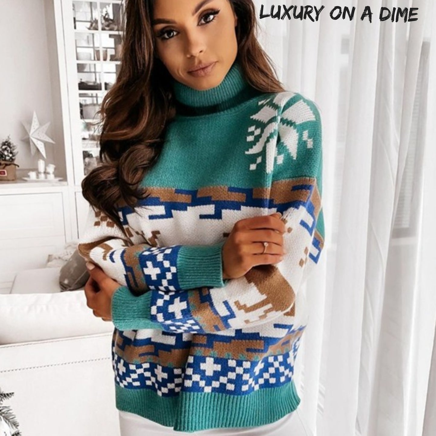 Knit Fair Isle Reindeer Snowflake Turtleneck Bold Geometric Classic Sweater
