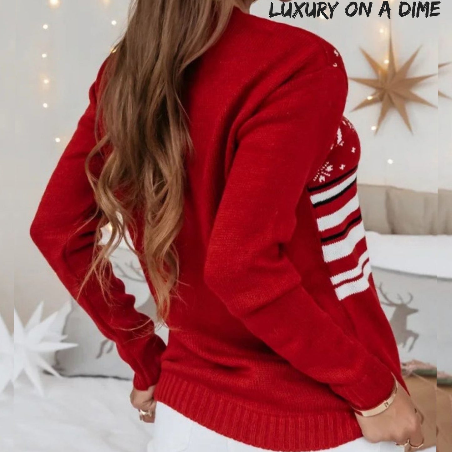 Knit Reindeer Snowflake Stripe Round Neck Classic Holiday Sweater Minimalist