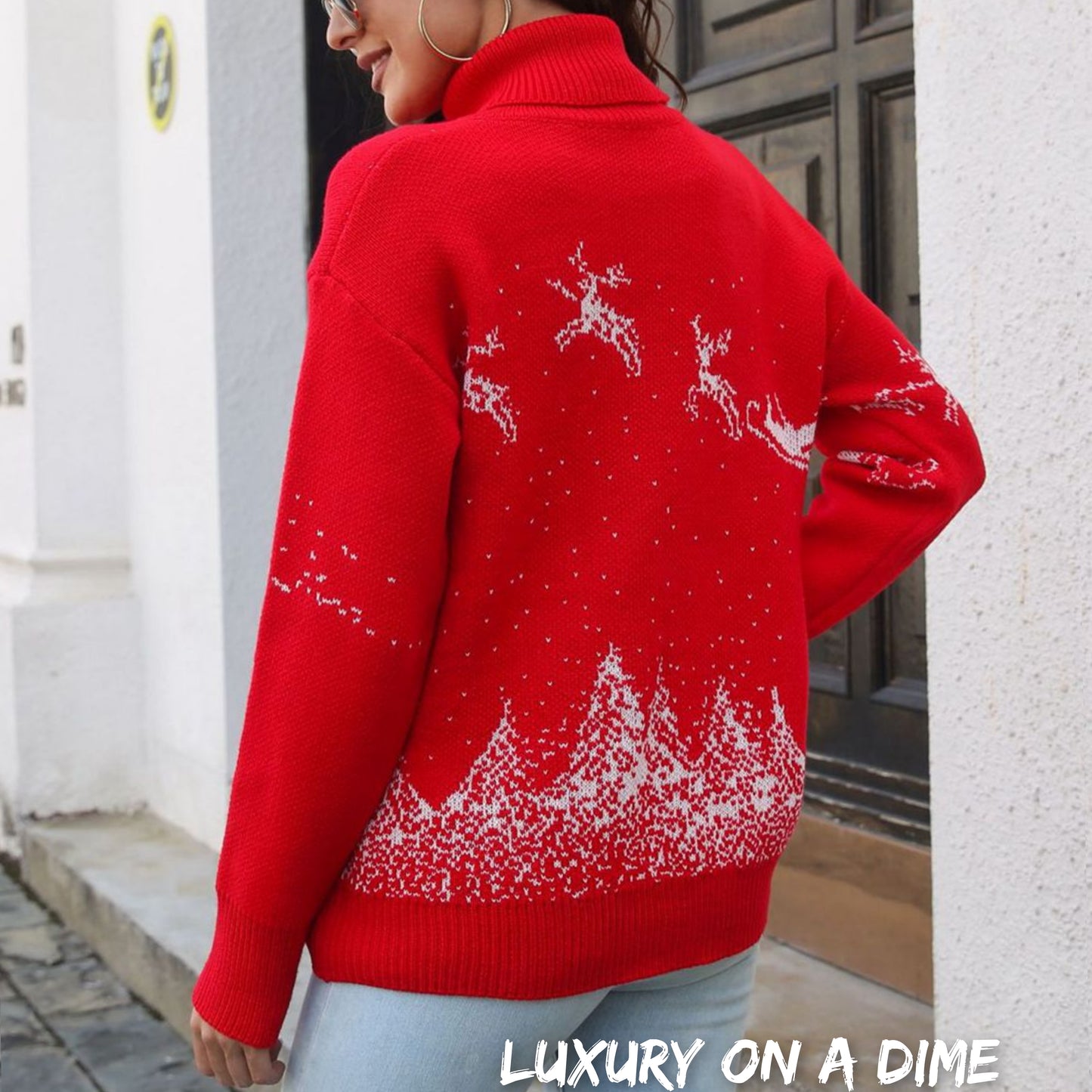 Knit Turtleneck Santa Reindeer Classy Winter Christmas Scene Chic Sweater