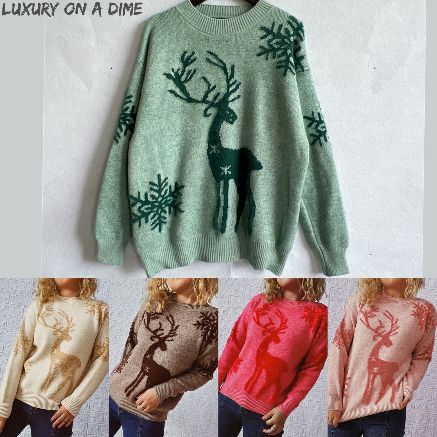 Fuzzy Reindeer Snowflake Knit Round Neck Winter Soft Print Sweater
