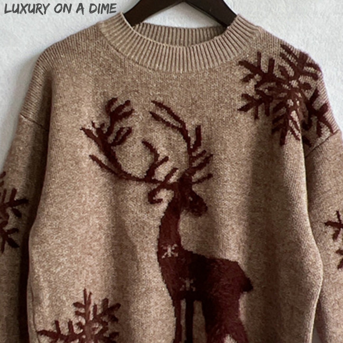 Fuzzy Reindeer Snowflake Knit Round Neck Winter Soft Print Sweater