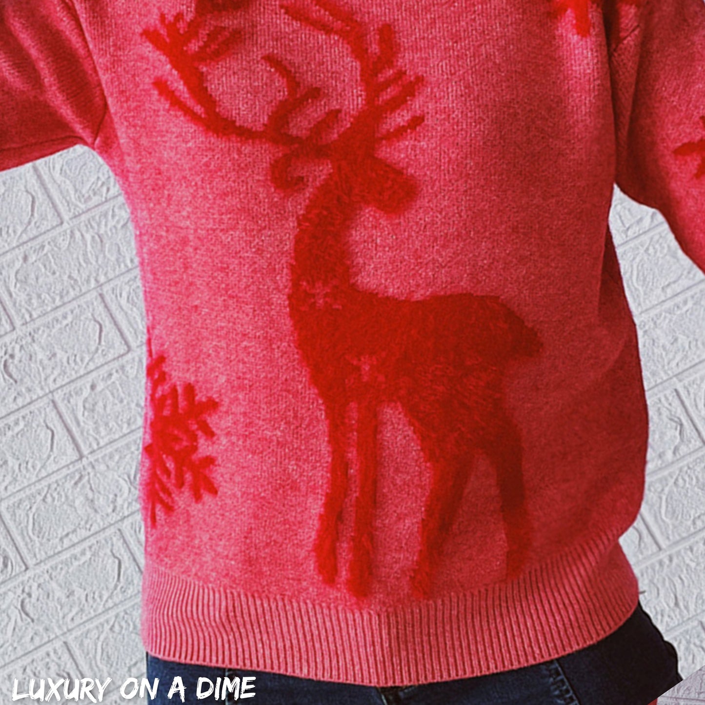 Fuzzy Reindeer Snowflake Knit Round Neck Winter Soft Print Sweater