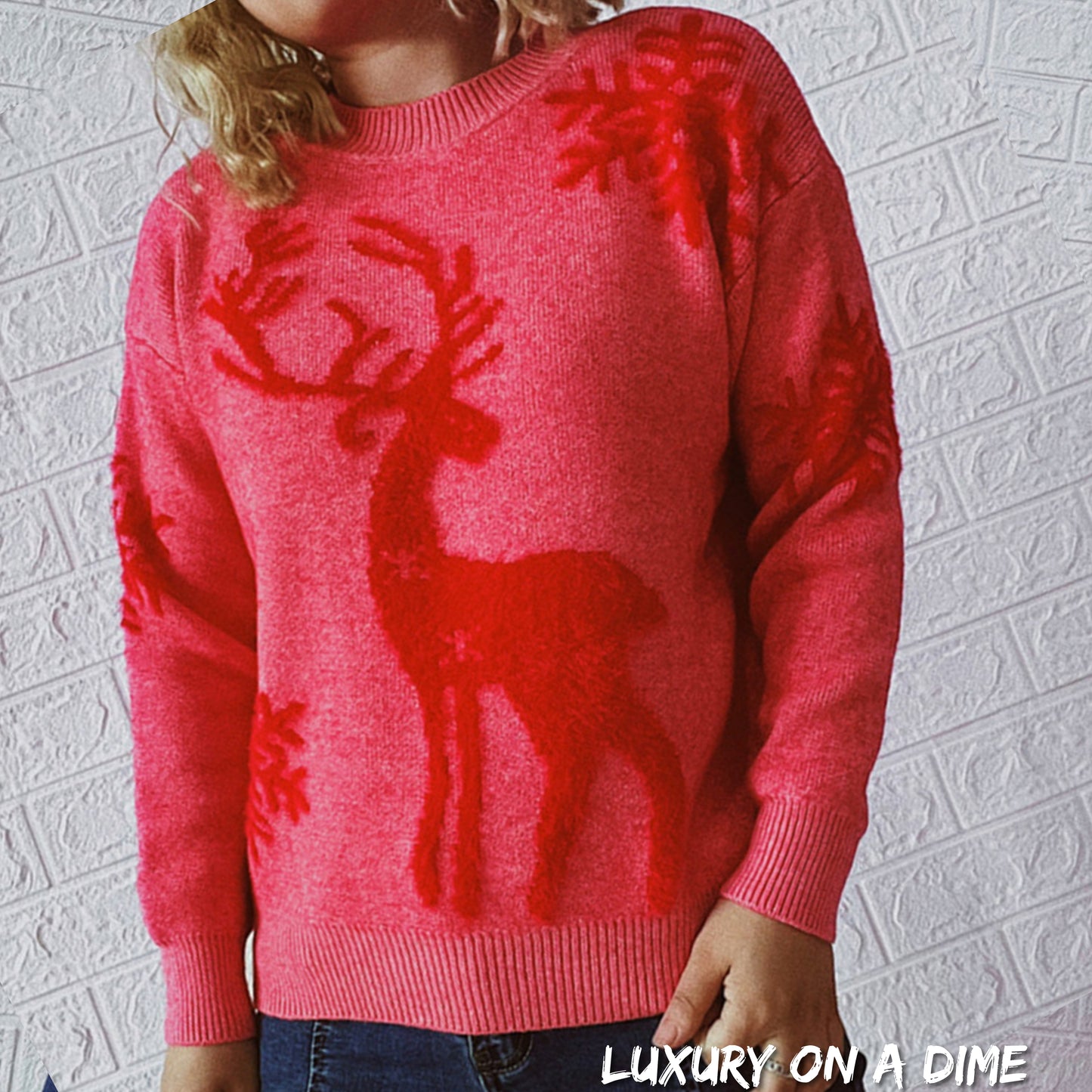 Fuzzy Reindeer Snowflake Knit Round Neck Winter Soft Print Sweater