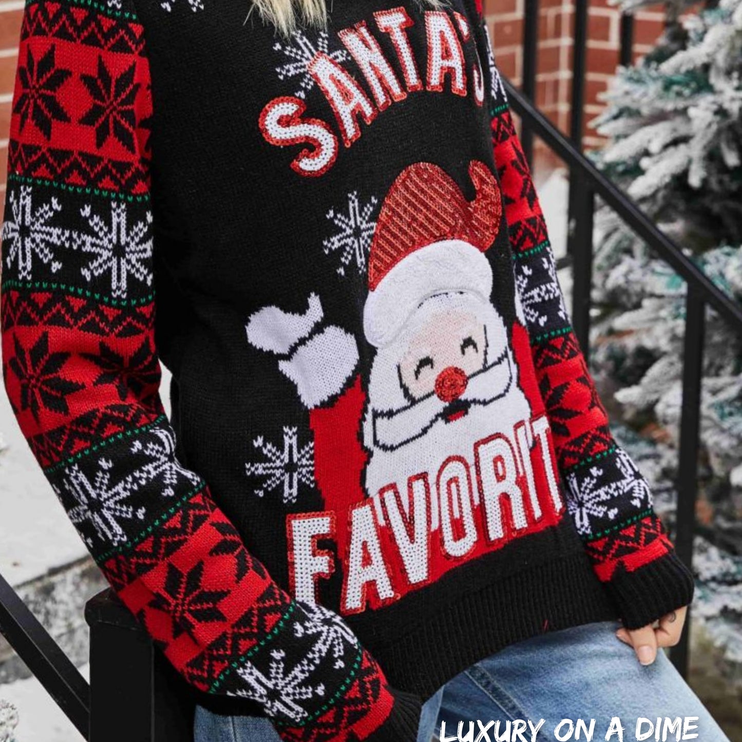 Sequin Santa's Favorite Knit Fun Round Neck Glam Holiday Sweater Top