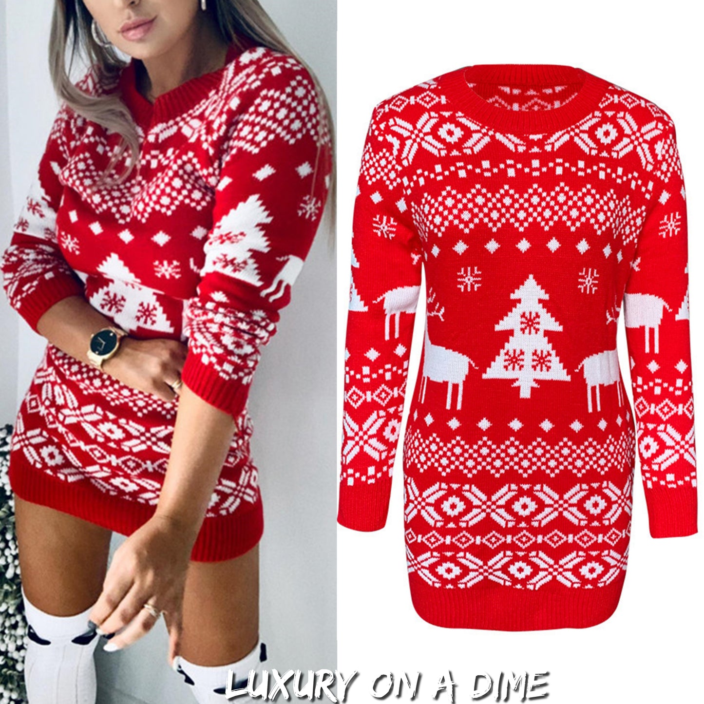 Winter Tree Snowflake Reindeer Fair Isle Classic Knit Long Sleeve Mini Sweater Dress