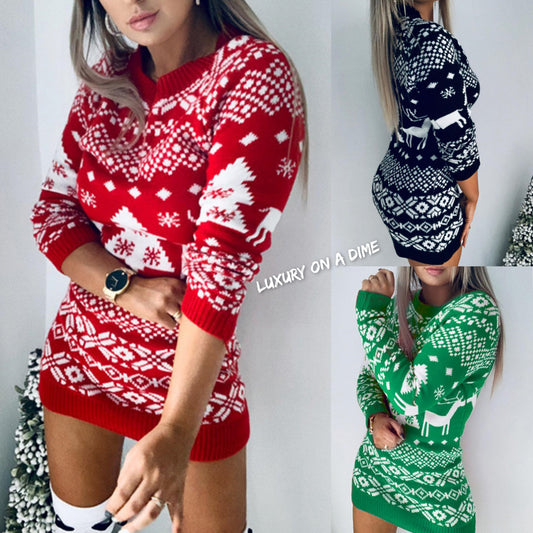 Winter Tree Snowflake Reindeer Fair Isle Classic Knit Long Sleeve Mini Sweater Dress