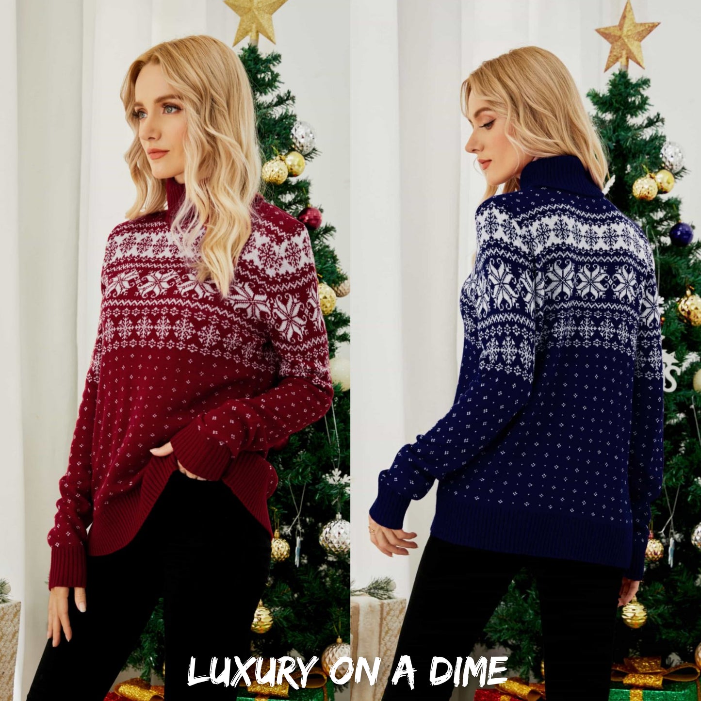 Snowflake Turtleneck Knit Fair Isle Geometric Classic Pullover Winter Sweater