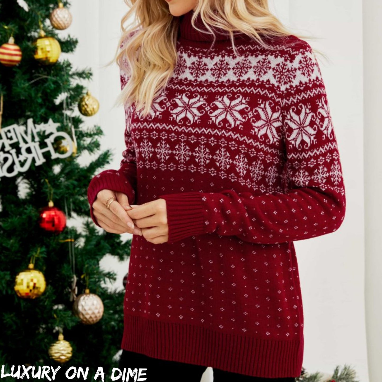 Snowflake Turtleneck Knit Fair Isle Geometric Classic Pullover Winter Sweater