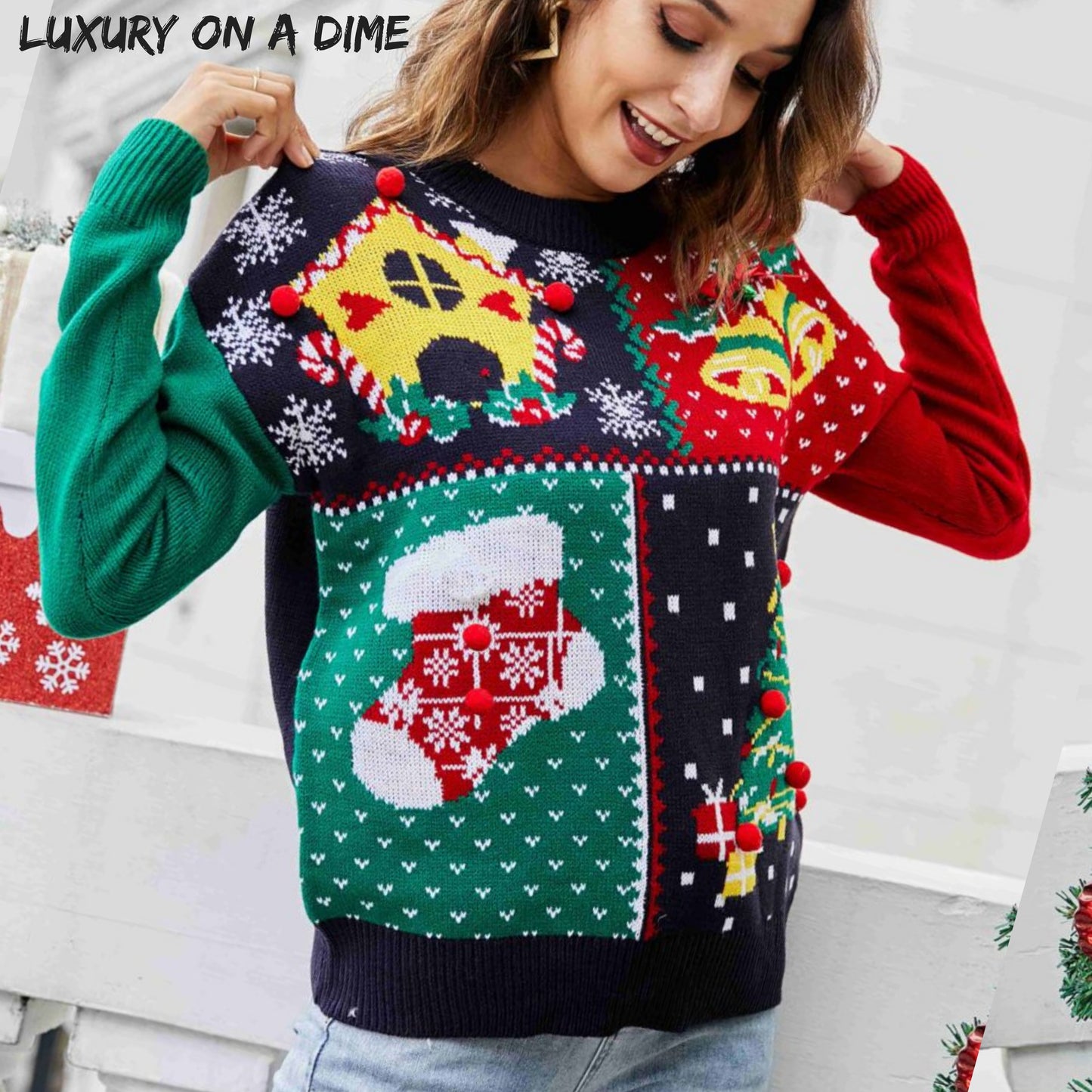 Bold Colorblock Knit Fun Pom Pom Long Sleeve Christmas Holiday Sweater Top