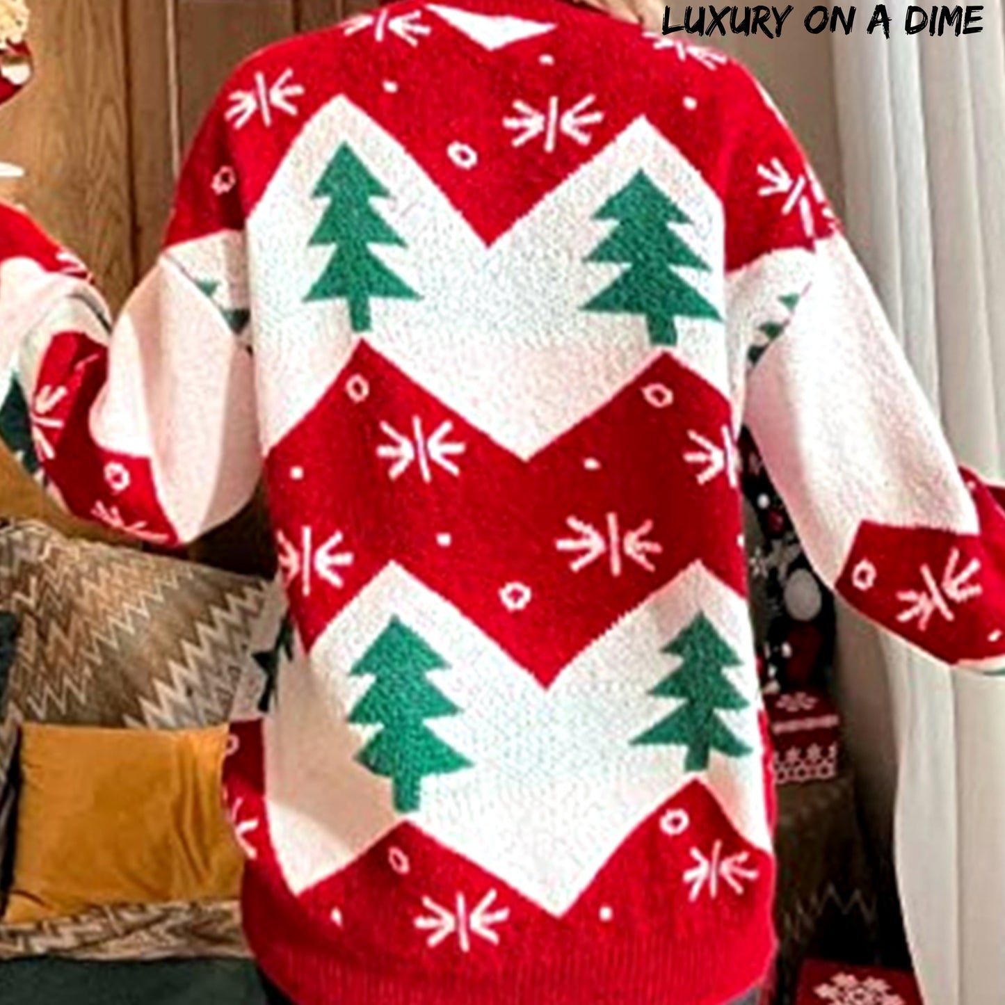 Bold Chevron Contrasting Knit Winter Tree Snowflake Long Sleeve Oversized Sweater