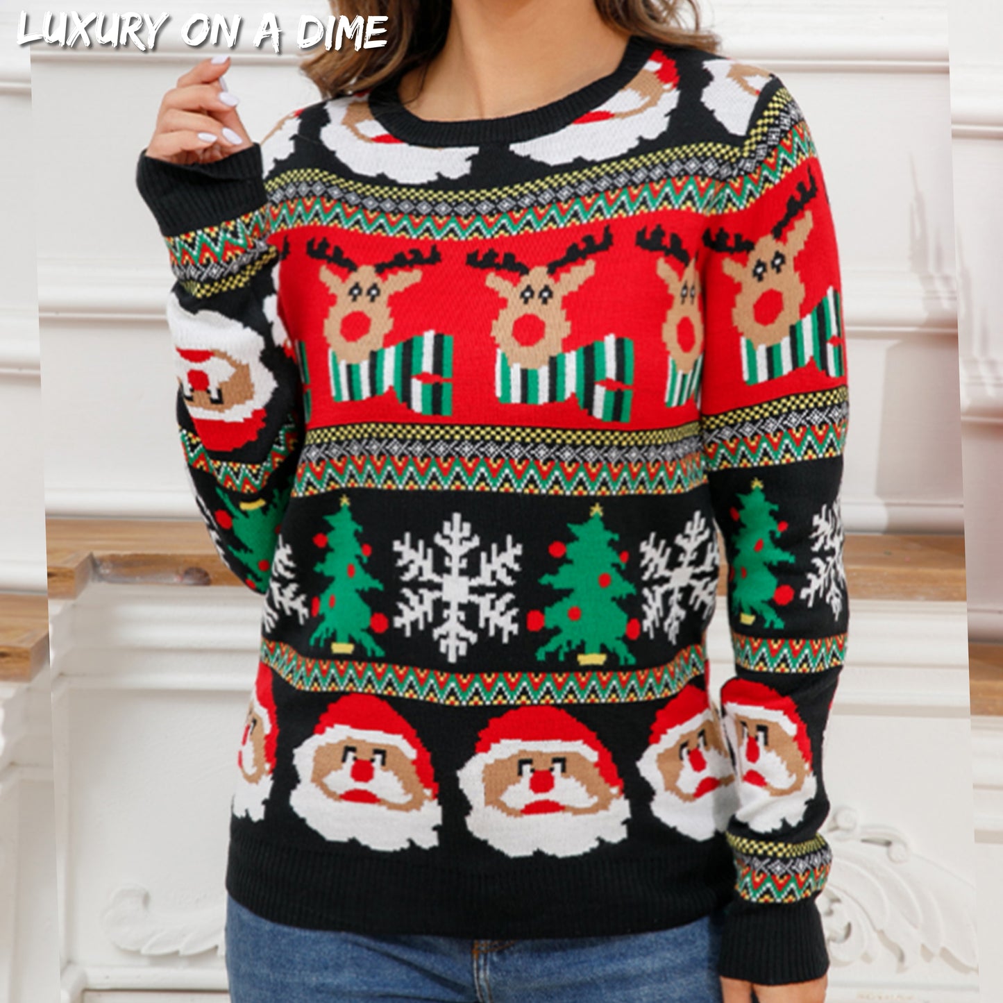 Bold Christmas Colorful Knit Rudolph Santa Festive Long Sleeve Sweater